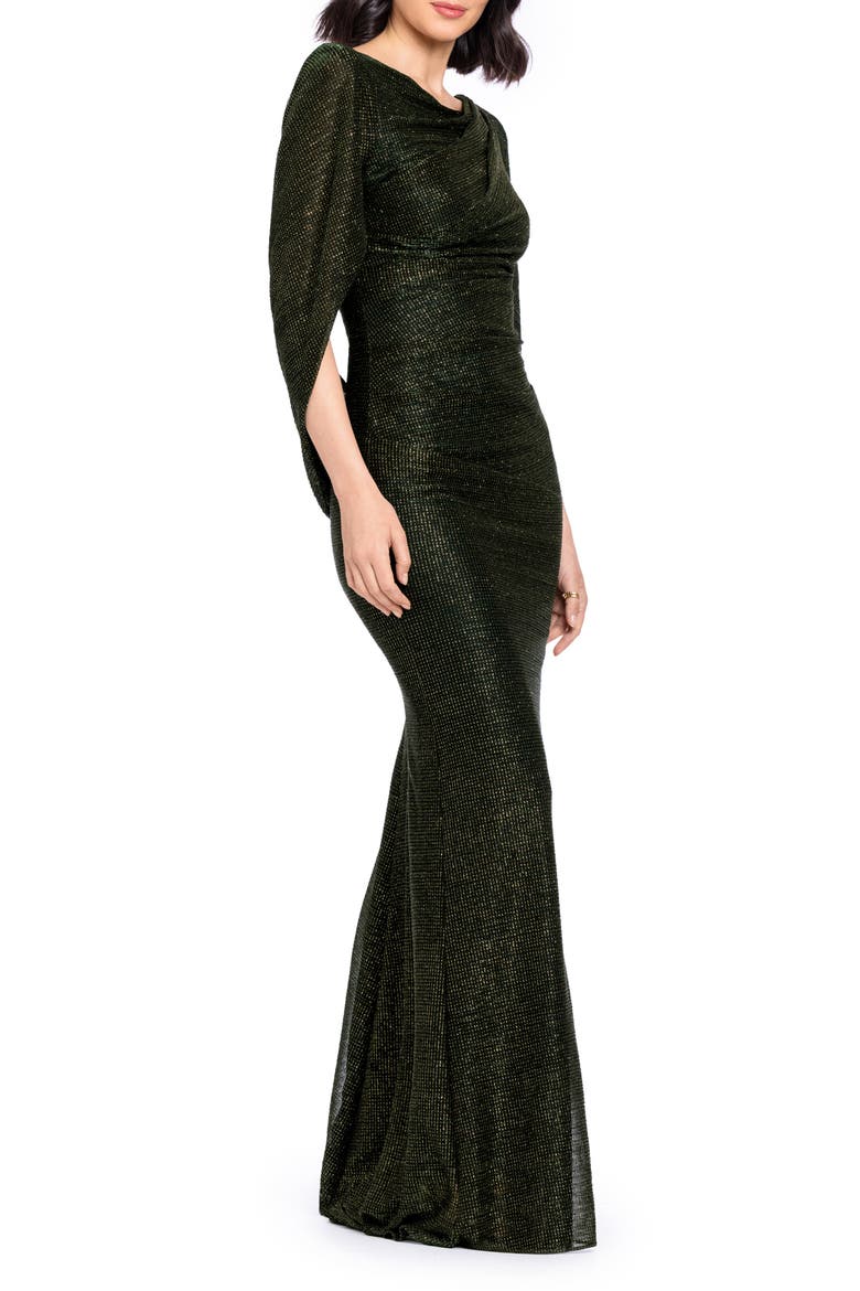 Drape Back Stretch Metallic Sheath Gown, Alternate, color, GREEN/ GOLD