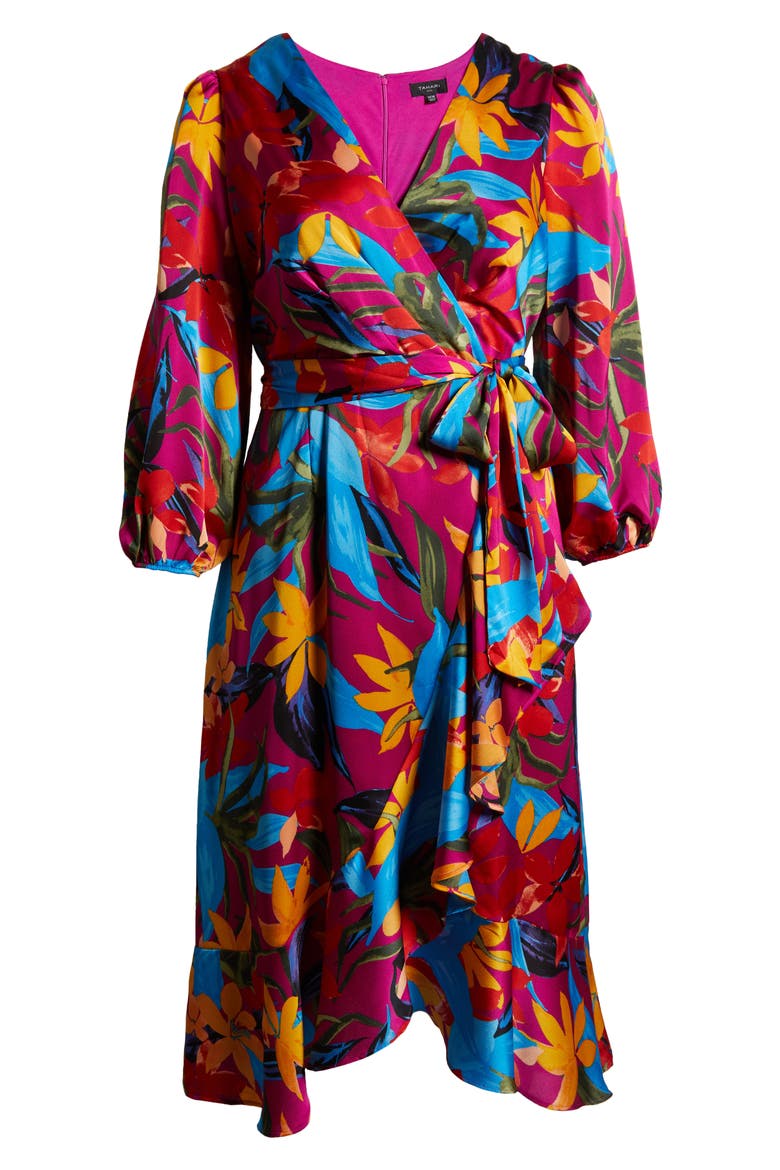 Floral Satin Faux Wrap Dress, Alternate, color, WILD BERRY MULTI