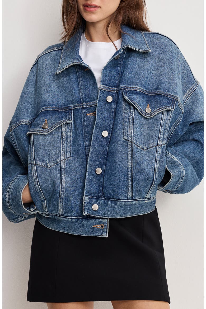 Pleated Denim Trucker Jacket, Main, color, INDIGO1032