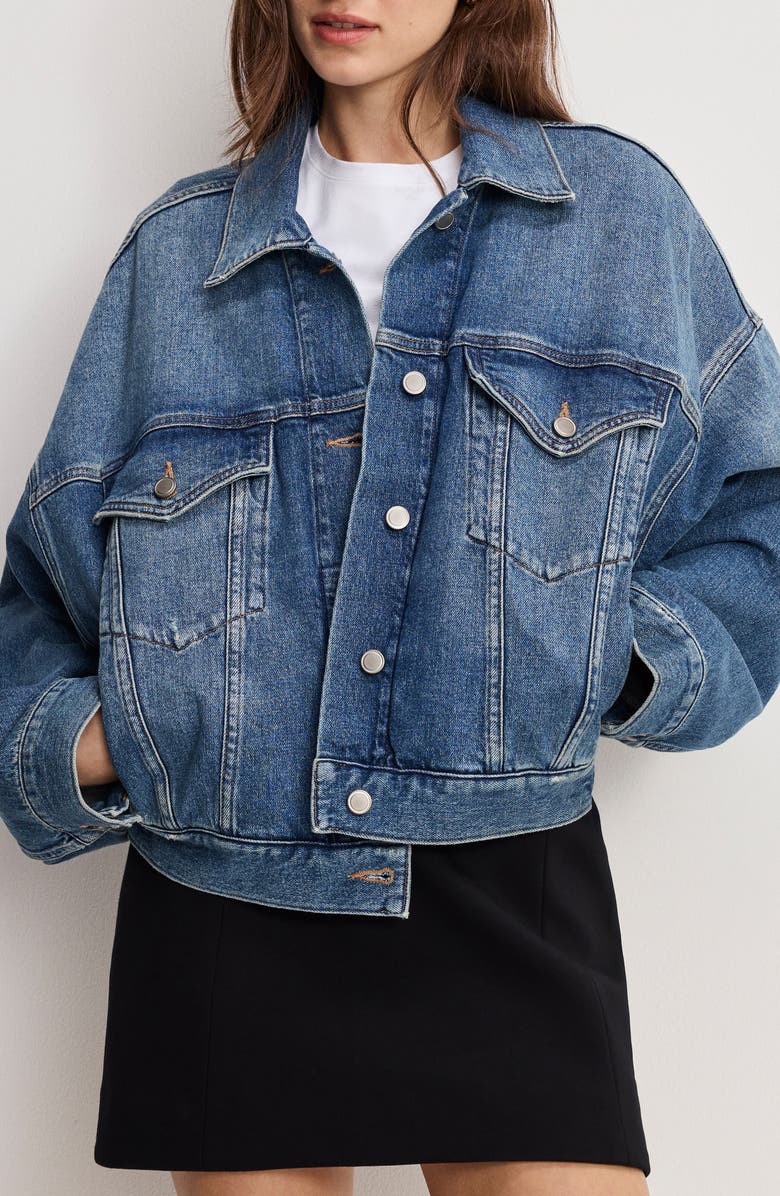Good American Pleated Denim Trucker Jacket, Main, color, Indigo1032