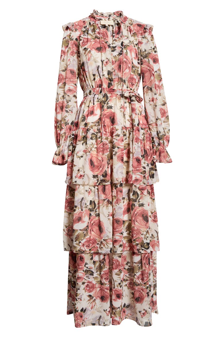 Floral Ruffle Tie Belt Long Sleeve Maxi Dress, Alternate, color, IVORY MULTI