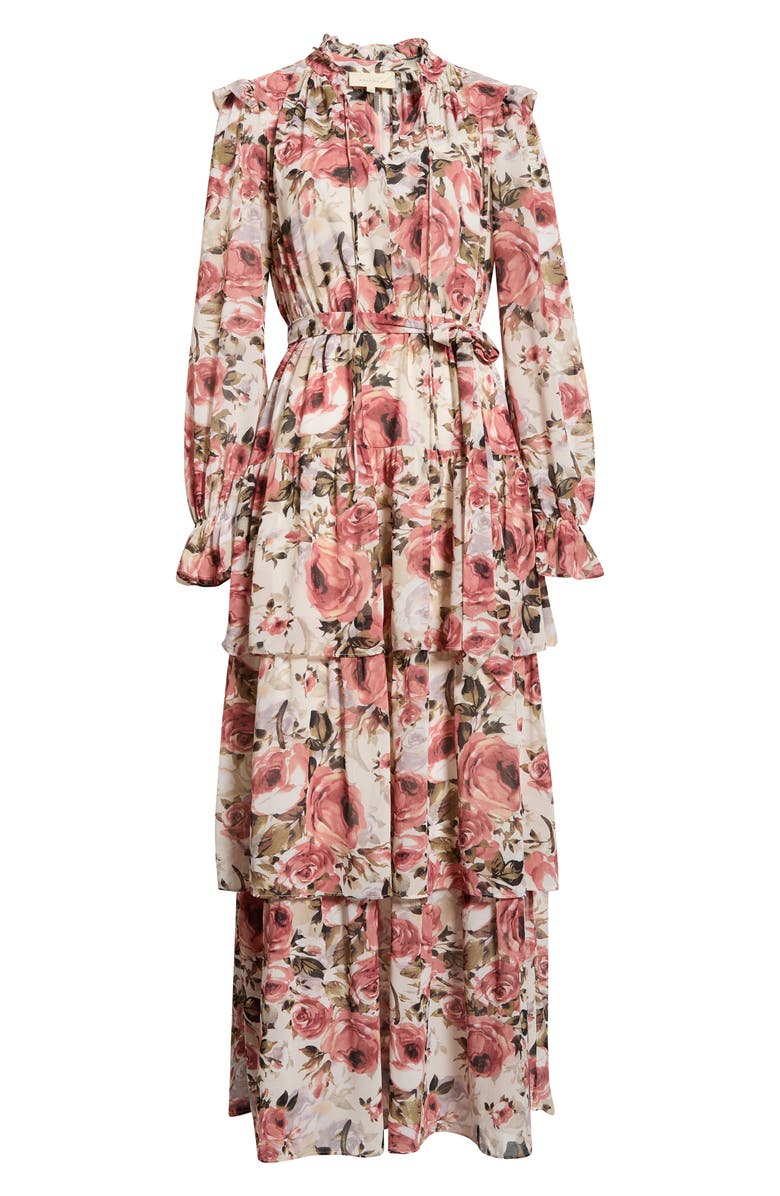 MELLODAY Floral Ruffle Tie Belt Long Sleeve Maxi Dress, Main, color, Ivory Multi
