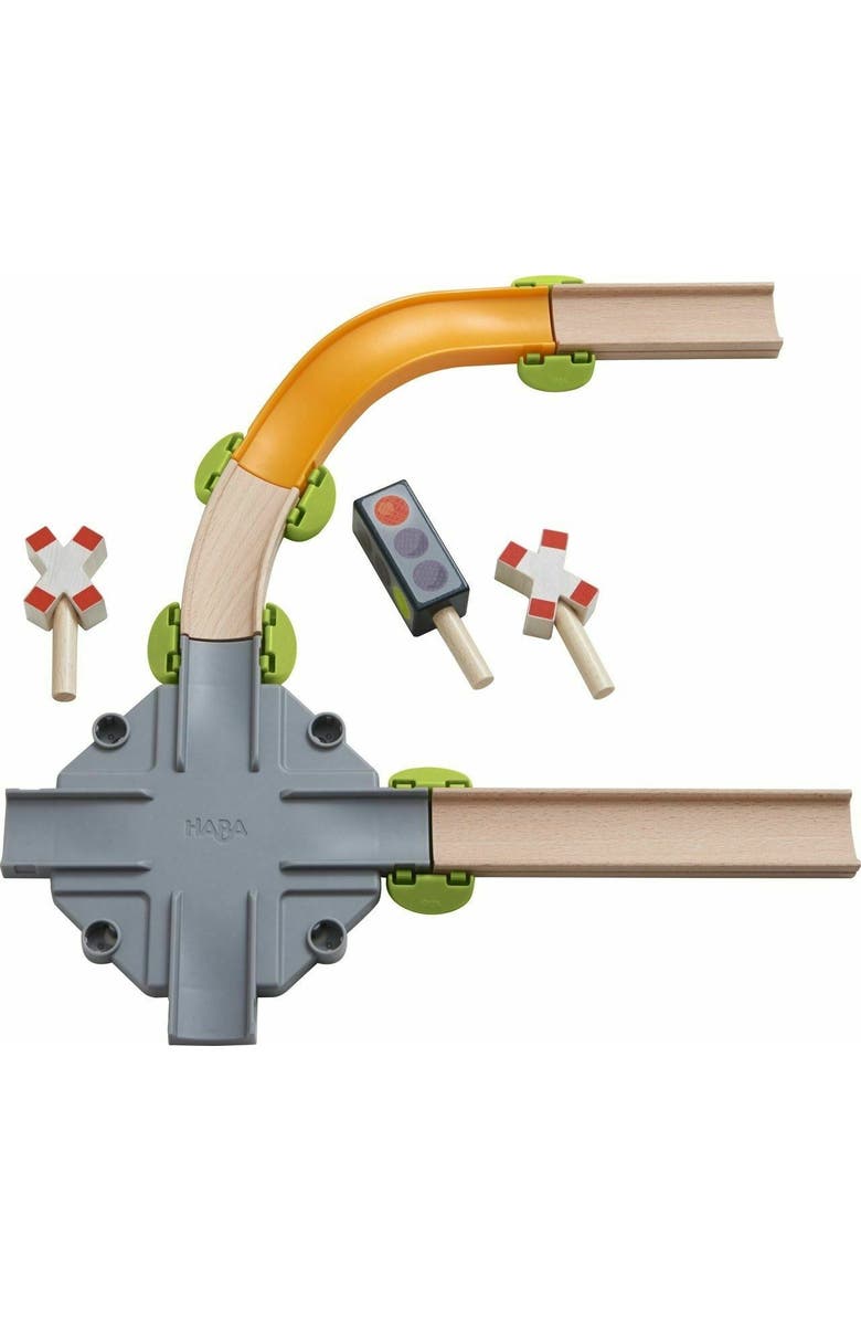 HABA Kullerbu Expansion Set - Intersection - 12 Piece Add-on Includes Railway Crossing, Traffic Signals and Allows Track to Expand in 4 Directions, Alternate, color, Multi