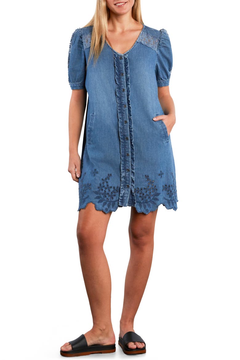 Lovelace Puff Sleeve Denim Minidress, Main, color, VINTAGE DENIM