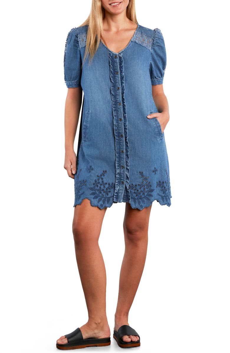Wash Lab Denim Lovelace Puff Sleeve Denim Minidress, Main, color, Vintage Denim