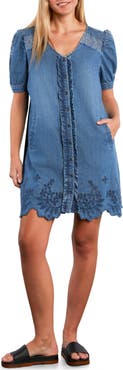 Wash Lab Denim Lovelace Puff Sleeve Denim Minidress