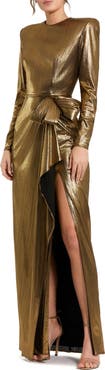 Mac Duggal Petite Metallic Long Sleeve Bow Detail Gown