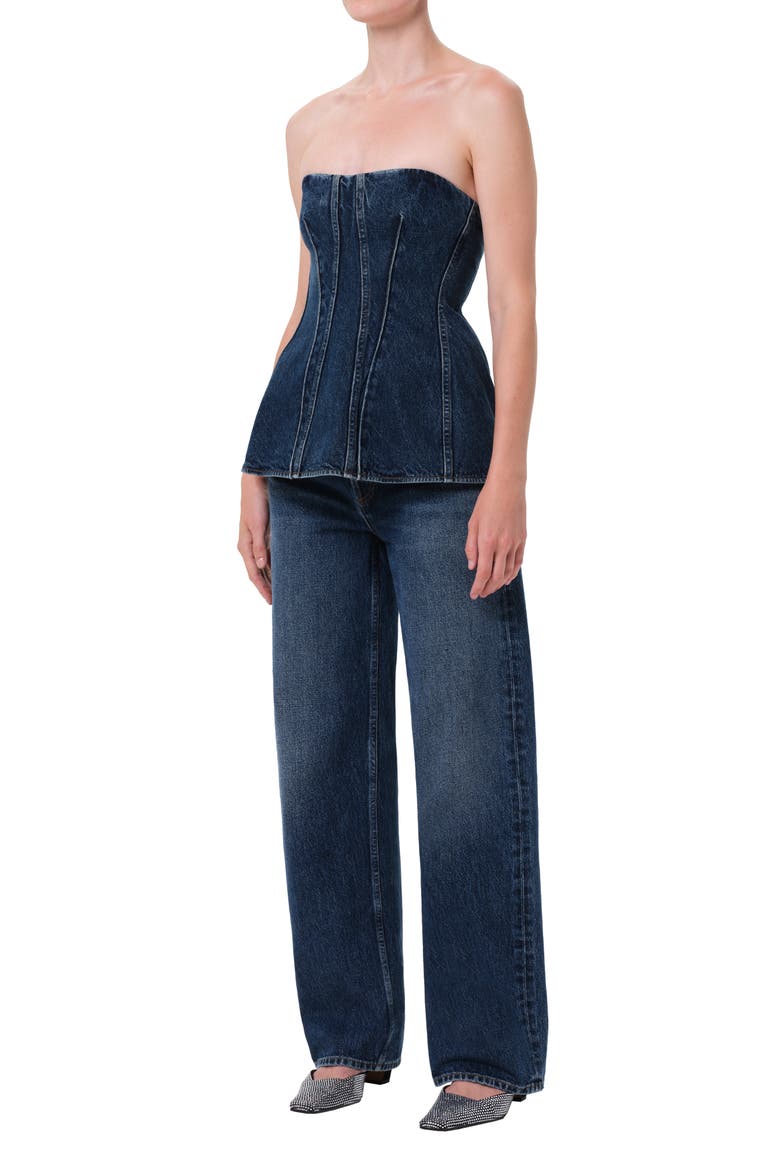 Lara Strapless Corset Peplum Denim Top, Alternate, color, DARK INDIGO