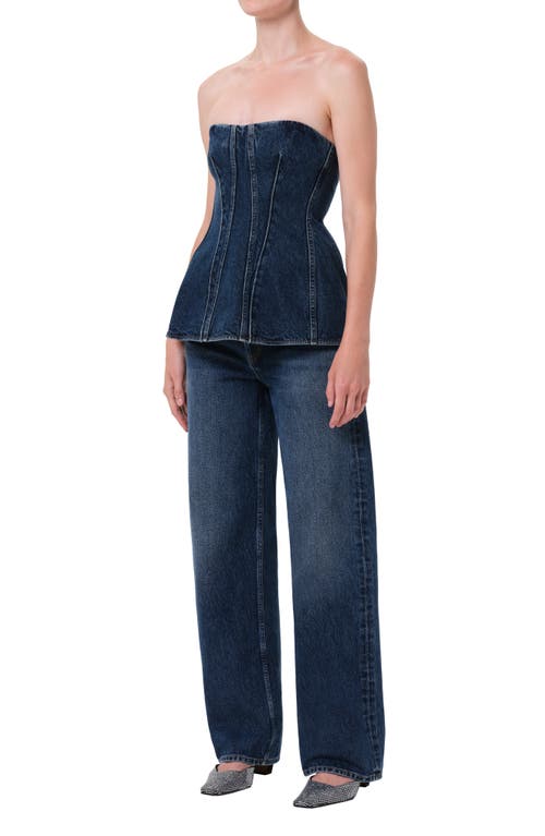 Agolde Lara Strapless Corset Peplum Denim Top In Blue