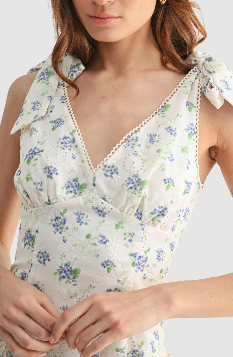 All in Favor Floral Embroidered Eyelet Tie Strap Minidress, Alternate, color, Cream/Blue