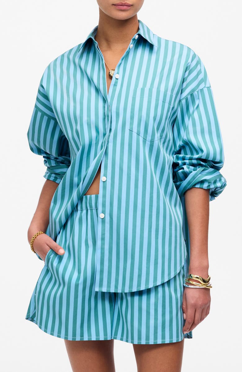 Madewell Stripe Boxy Button-Up Shirt, Main, color, Bayside Stripe/ Cool Aqua