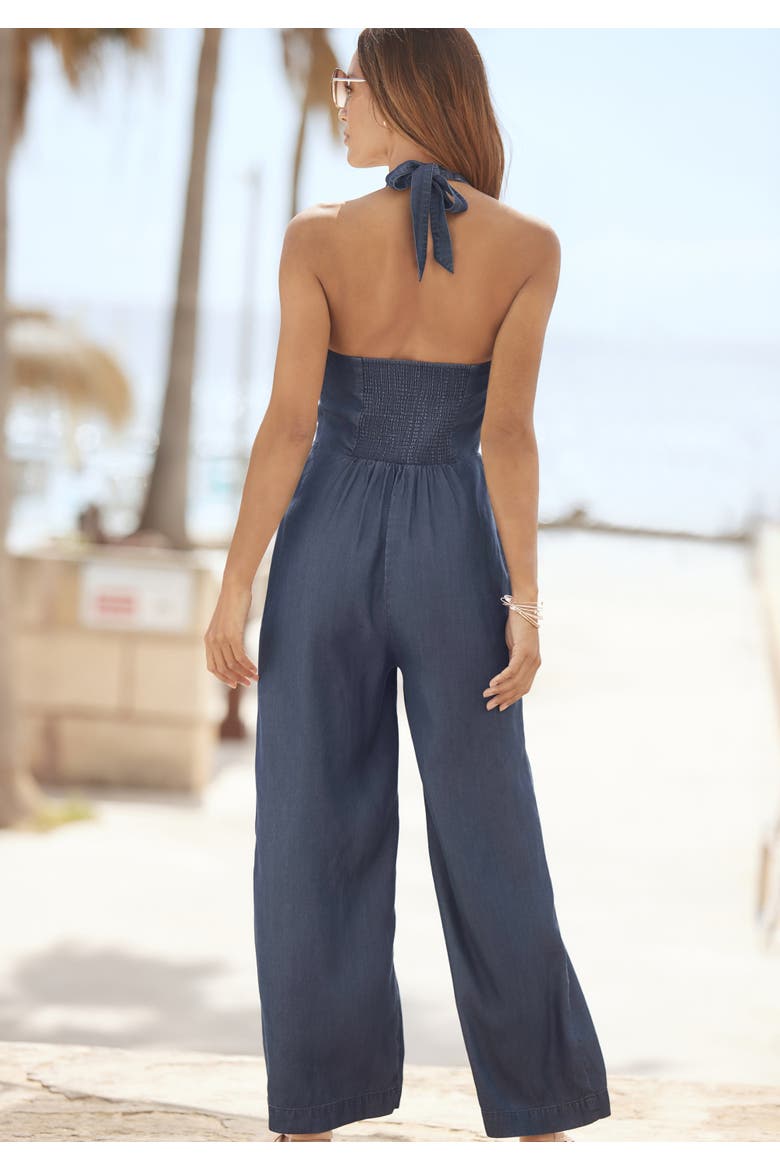 Denim Look Halterneck Jumpsuit, Alternate, color, Blue