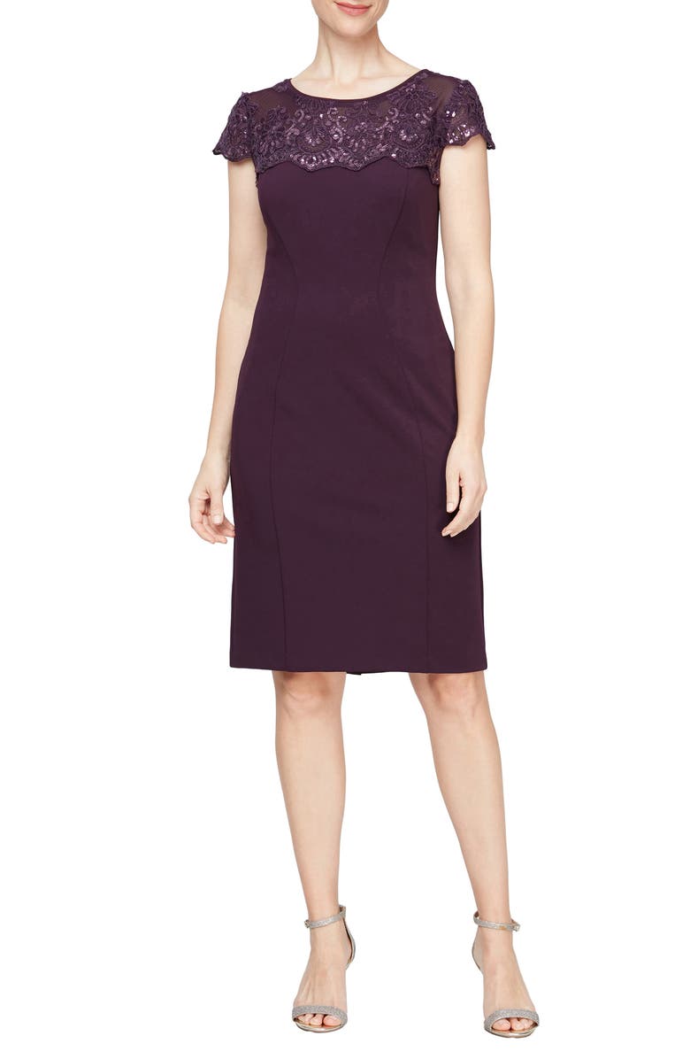 Alex Evenings Sequin Embroidered Yoke Sheath Cocktail Dress, Main, color, 