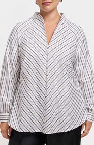 Foxcroft Daphne Metallic Stripe Cotton Blend Pullover Shirt