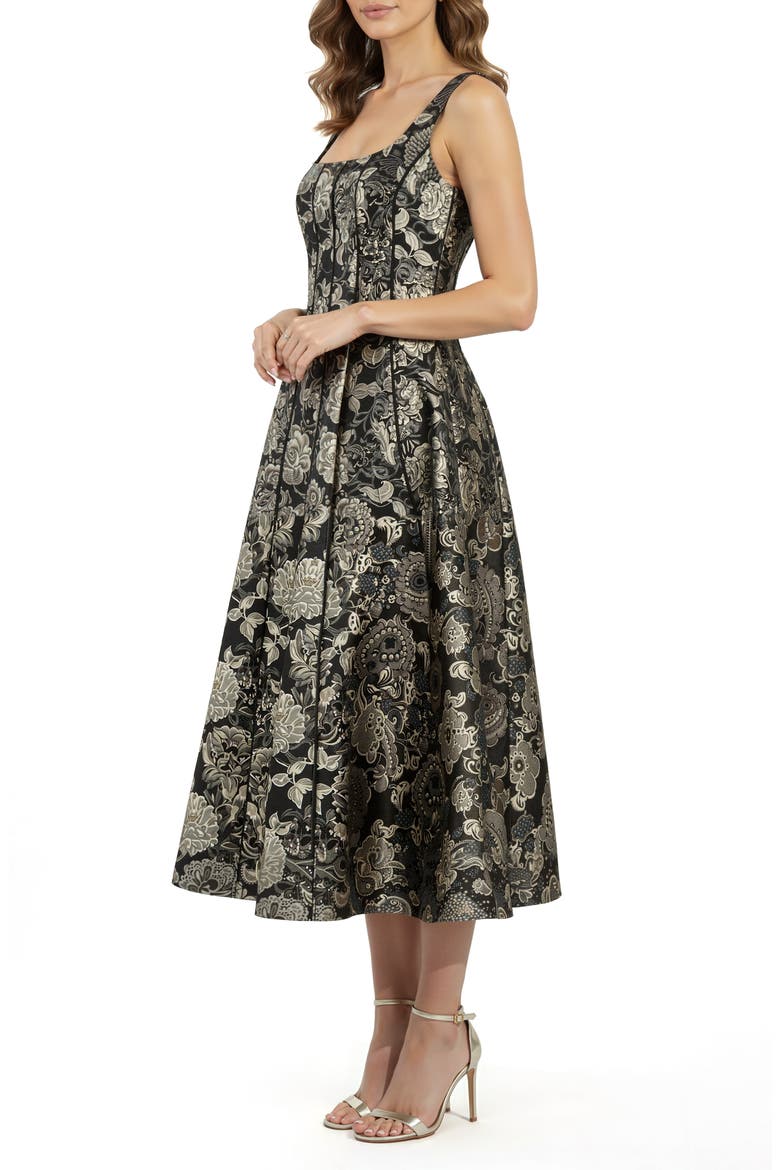 Jacquard Sleeveless Fit & Flare Midi Dress, Alternate, color, BLACK GOLD FLORAL