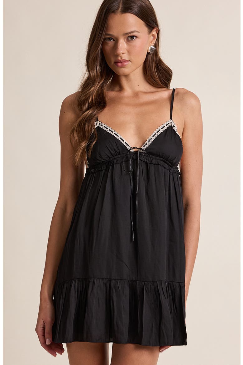 Ribbon Trim Triangle Babydoll Minidress, Alternate, color, BLACK