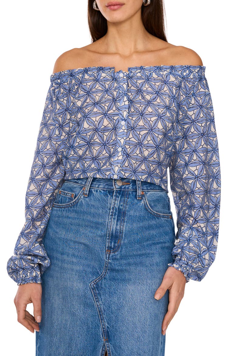 Floral Off the Shoulder Button-Up Shirt, Main, color, LAKE BREEZE