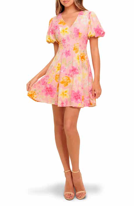 FLYING TOMATO Floral Puff Sleeve Linen Minidress