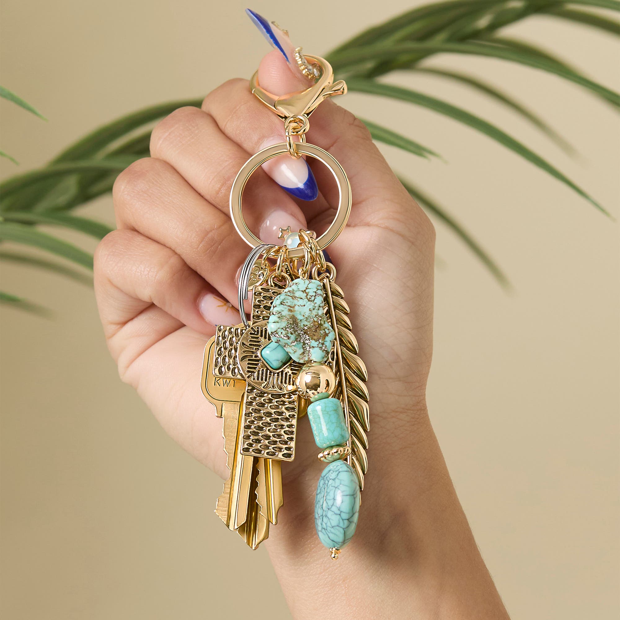 Jessica Simpson Turquoise Bead Keychain with Charms, Alternate, color, Turquoise/Gold