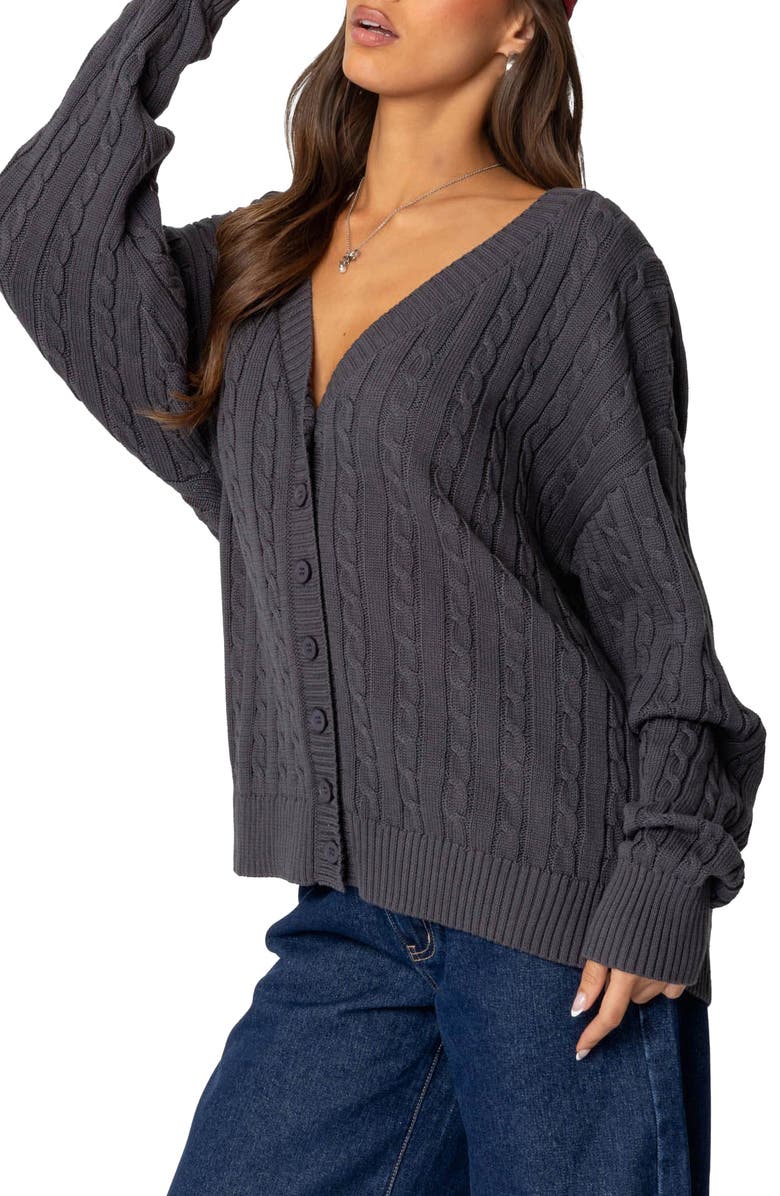 EDIKTED Francine Oversize Cable Cotton Cardigan, Alternate, color, Dark-Gray