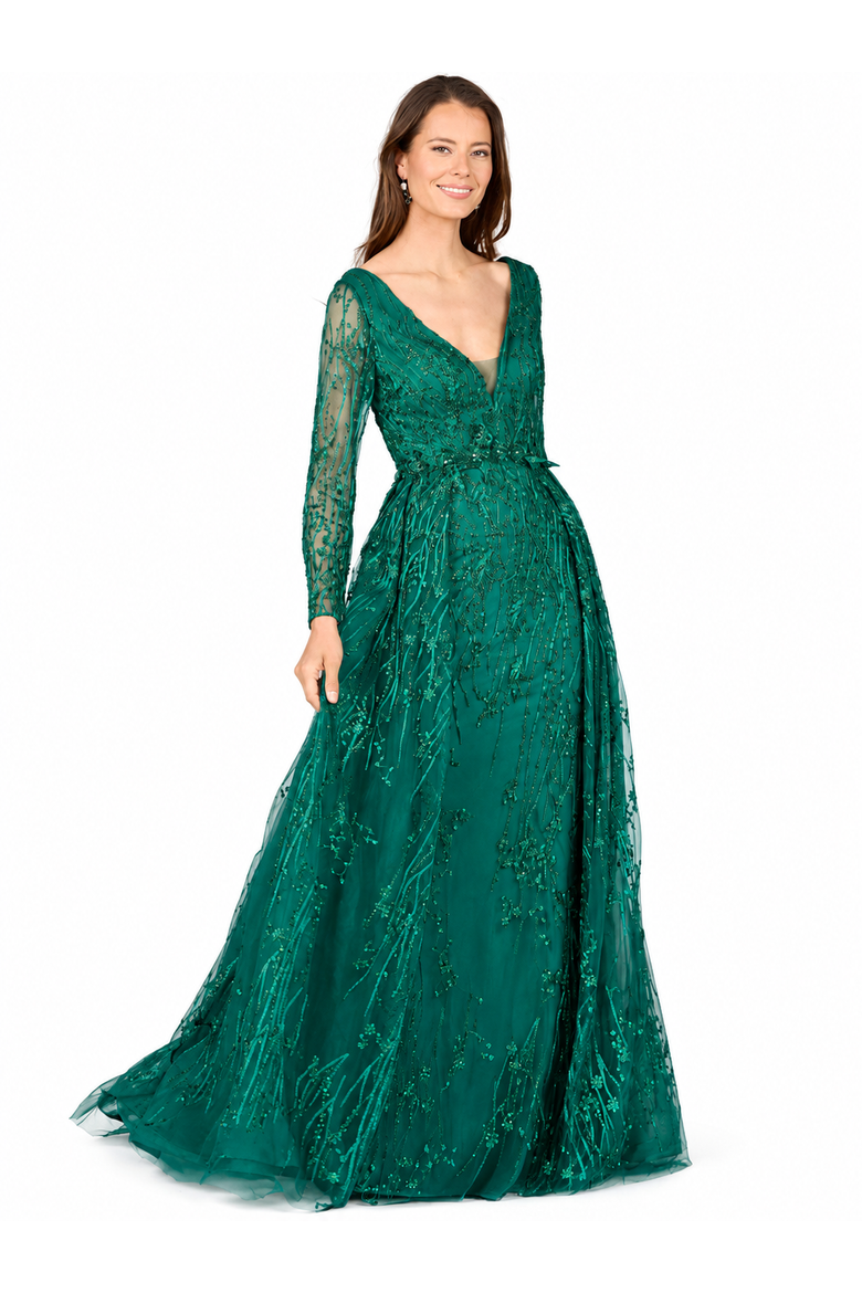Elegant Overskirt Dress with Long Sleeves, Main, color, Green