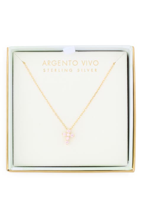 Pink Cubic Zirconia Cross Pendant Necklace