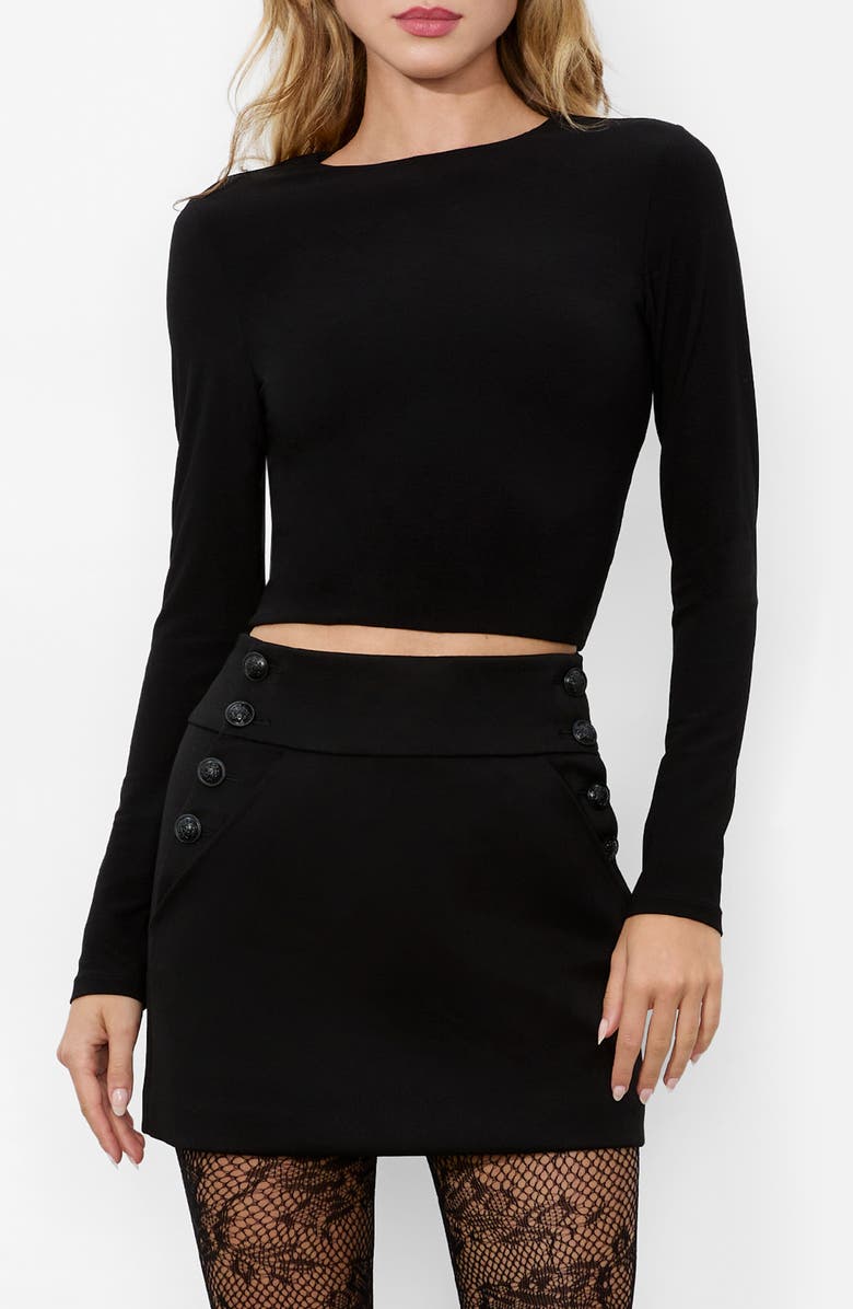 Alice + Olivia Delaina Jersey Crop Top with Removable Faux Fur Cuffs, Alternate, color, 