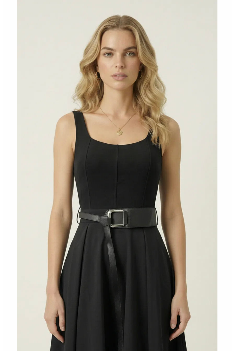 Belted Scoop Neck Midi Dress, Alternate, color, Black