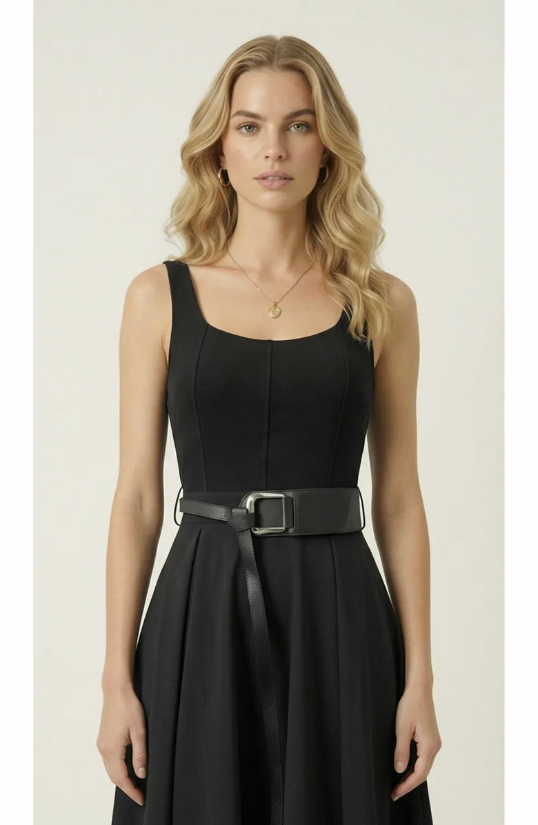 Modenaire Belted Scoop Neck Midi Dress, Alternate, color, Black