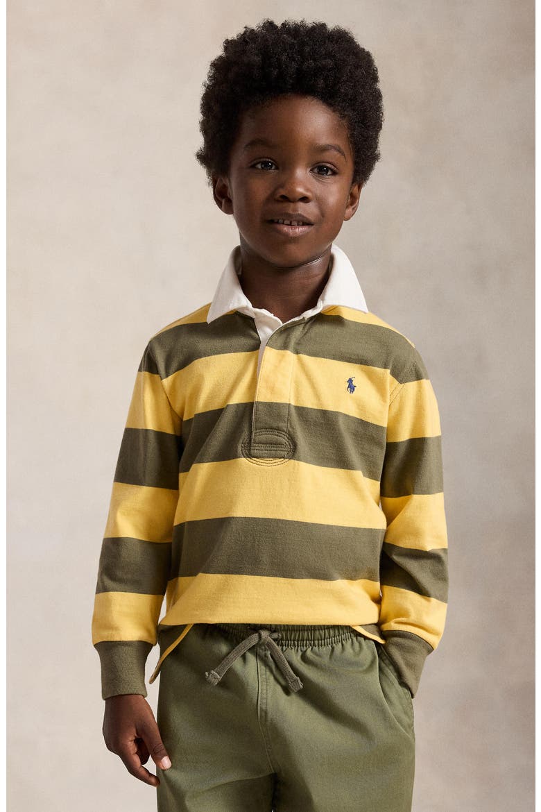 Kids' Striped Cotton Rugby Shirt, Alternate, color, BEACH YELLOW/ CRUISE OLIVE