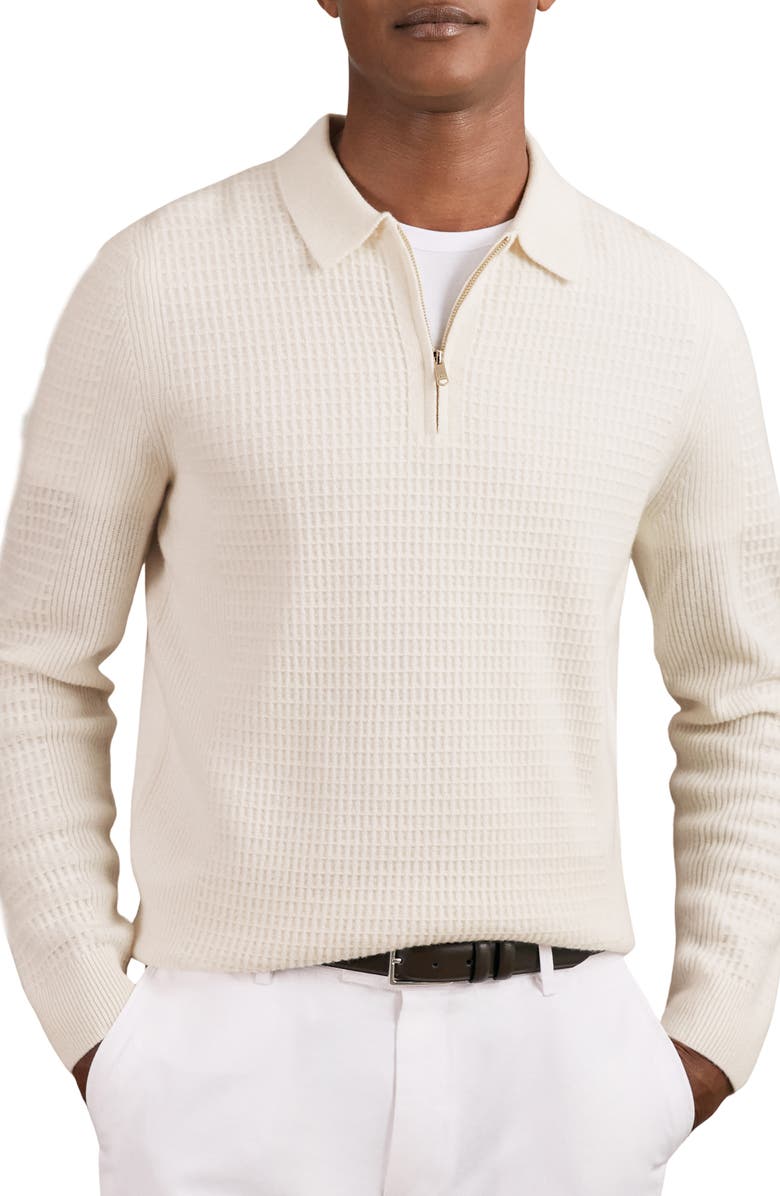 Reiss Hamilton Textured Long Sleeve Wool Quarter Zip Polo, Alternate, color, Off White