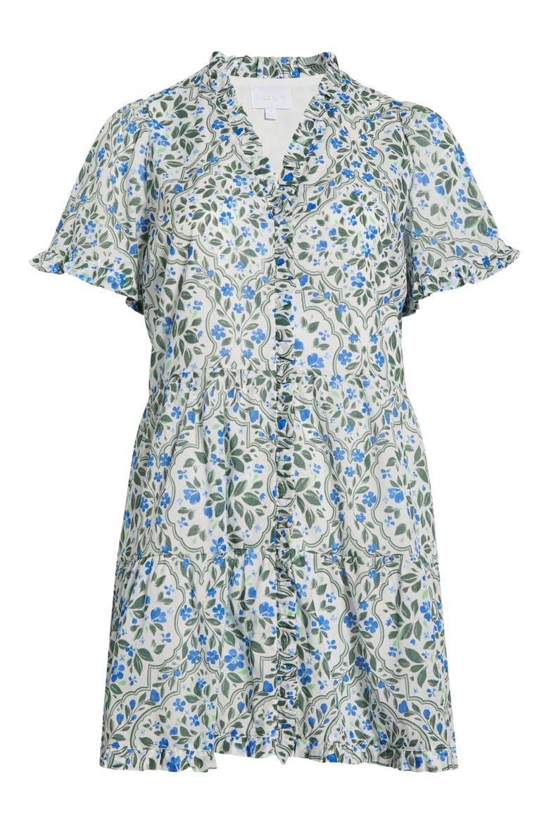 Kara Hilo Floral Tile Print Cotton Shift Dress, Alternate, color, WHITE/ BLUE/ GREEN