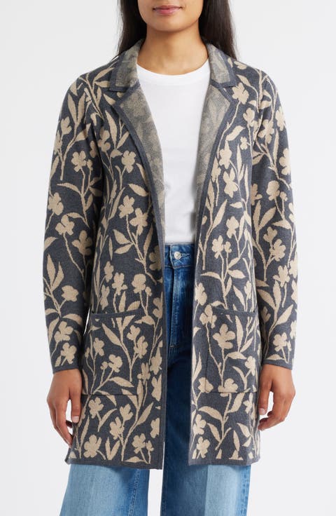 Floral Vines Jacquard Open Front Cardigan