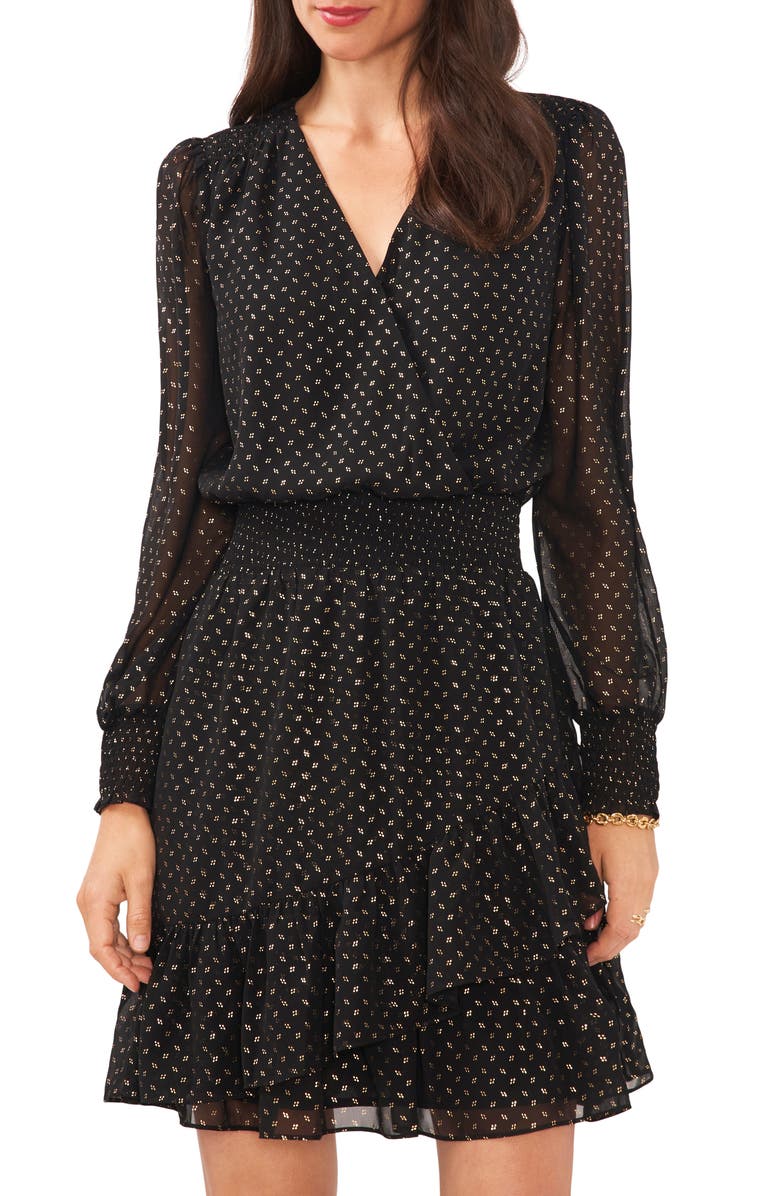 Vince Camuto Metallic Dot Long Sleeve Smocked Waist Dress, Alternate, color, 