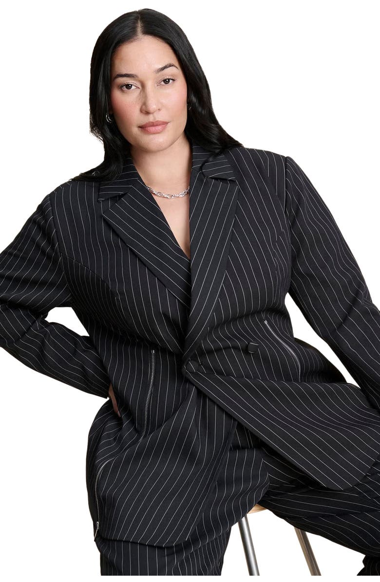 ELOQUII Zip Hem Pinstripe Blazer, Main, color, Black And White