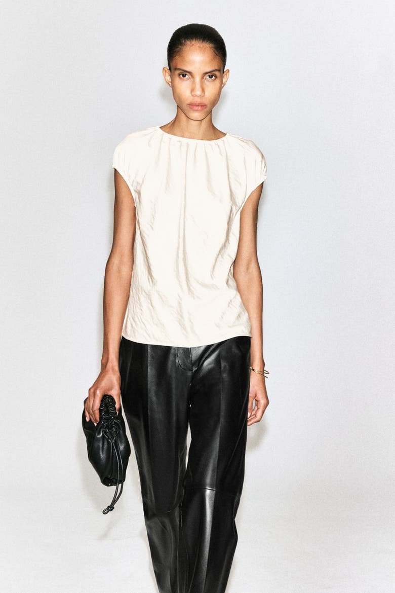 Gathered Crinkled-Satin Top, Alternate, color, IVORY
