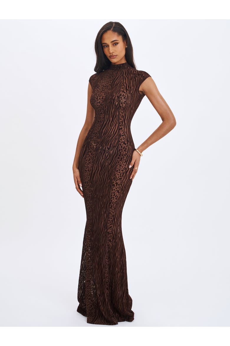 Tyanna Burnout Velvet Mesh Backless Mermaid Maxi Dress, Alternate, color, Mocha