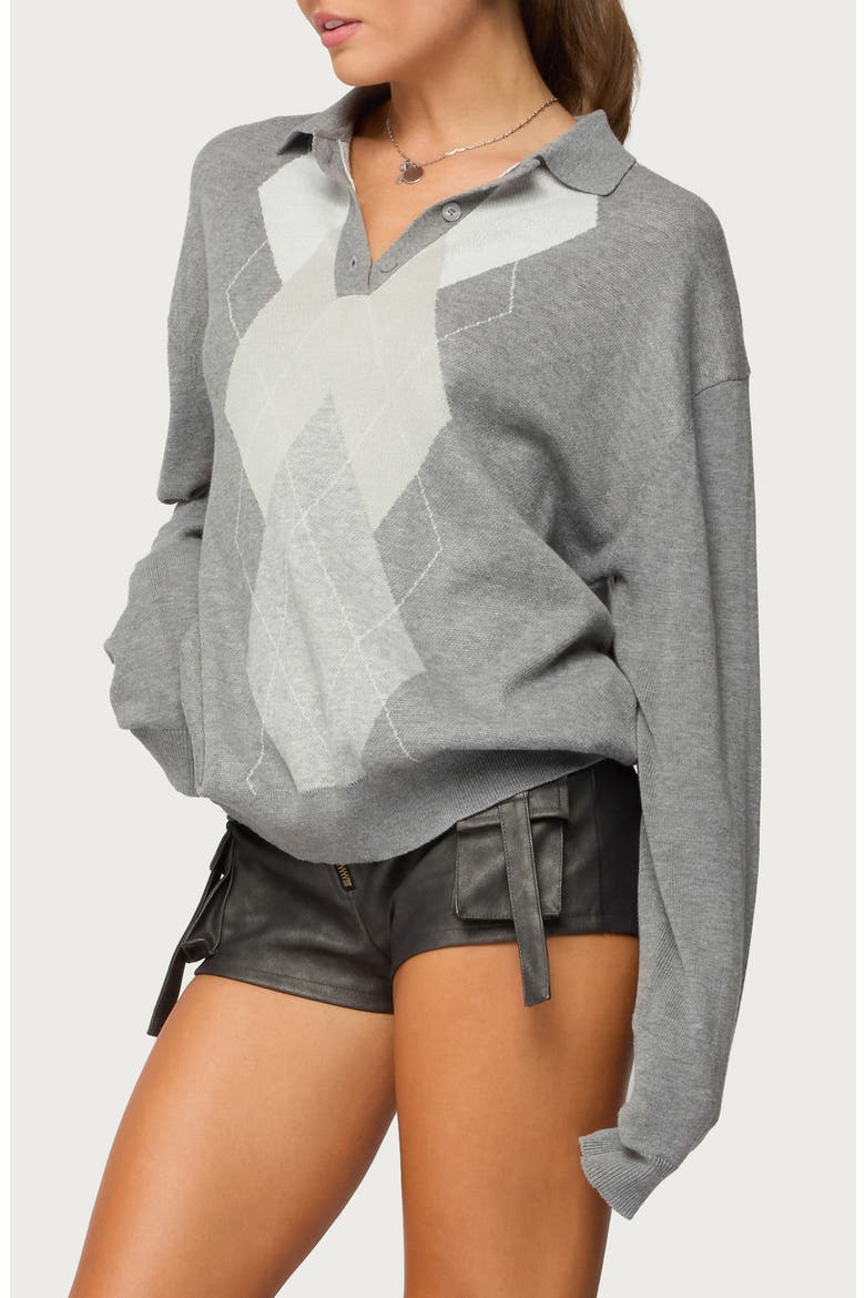 Kati Argyle Oversize Cotton Polo Sweater, Alternate, color, GRAY-MELANGE