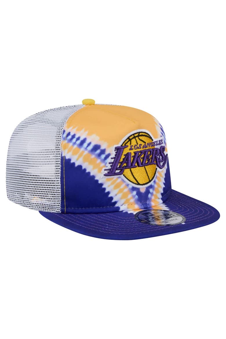 Men's New Era Purple/Gold Los Angeles Lakers Throwback Dye Golfer Snapback Hat, Alternate, color, Purple