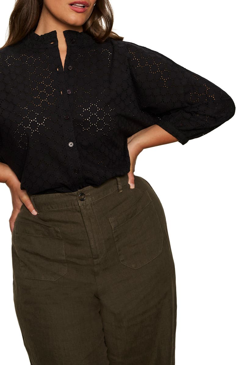 Sanctuary Petal Drop Eyelet Embroidered Button-Up Top, Alternate, color, Black