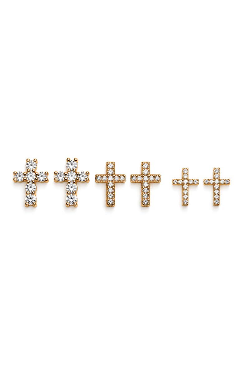 Crystal Cross Set of 3 Pairs Stud Earrings, Main, color, GOLD