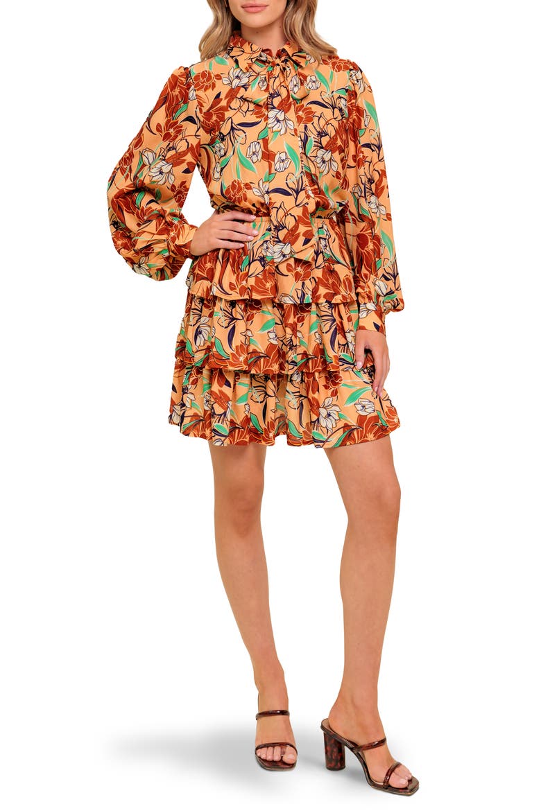 Floral Long Sleeve Minidress, Main, color, TAUPE BROWN
