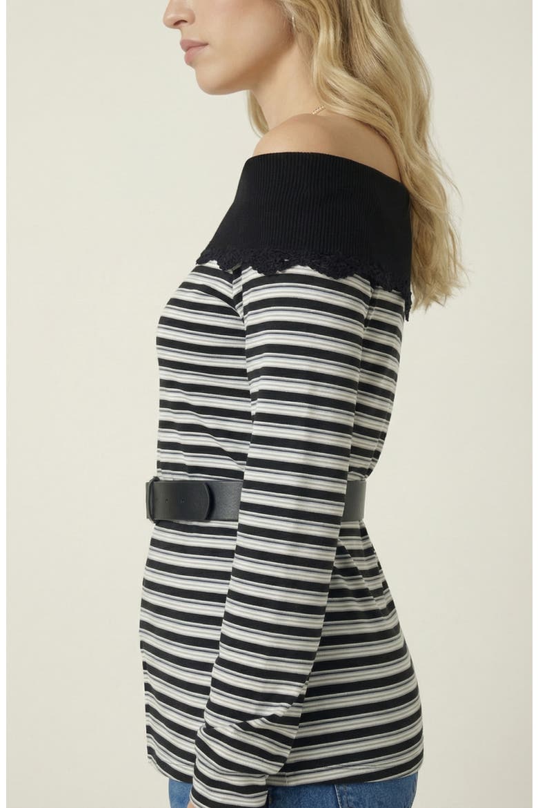 Off Shoulder Striped Knit Belted Top, Alternate, color, Black / White / Grey