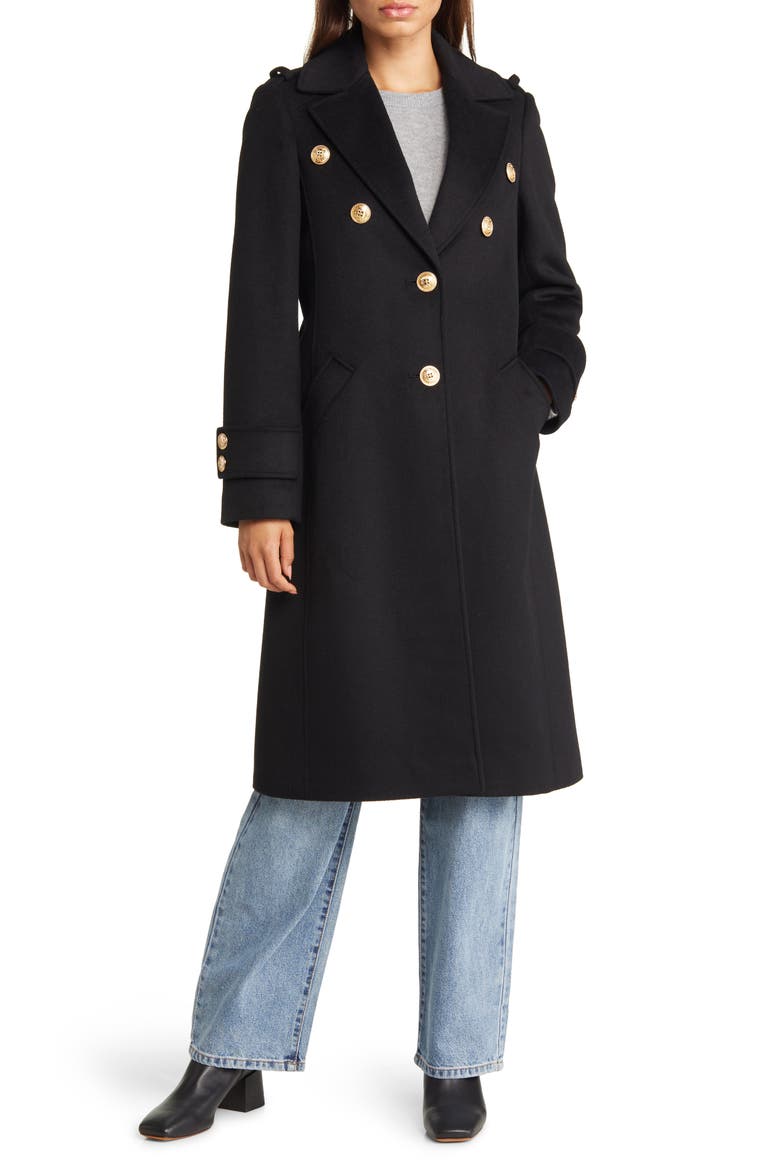 Crested Button Wool Blend Coat, Main, color, BLACK