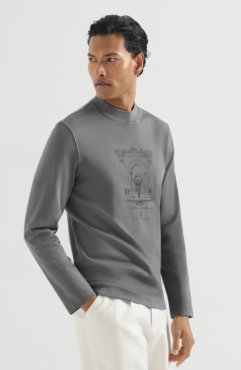 Brunello Cucinelli Cotton interlock T-shirt with print, Main, color, Medium Grey