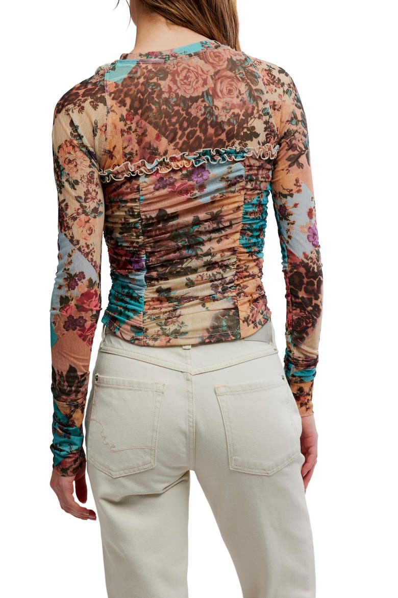 Ariana Printed Ruffle Shirred Mesh Shirt, Alternate, color, TAUPE COMBO