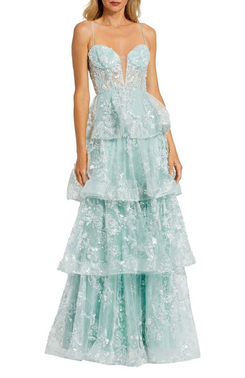 MAC DUGGAL MAC DUGGAL SPAGHETTI STRAP APPLIQUE TIERED RUFFLE GOWN