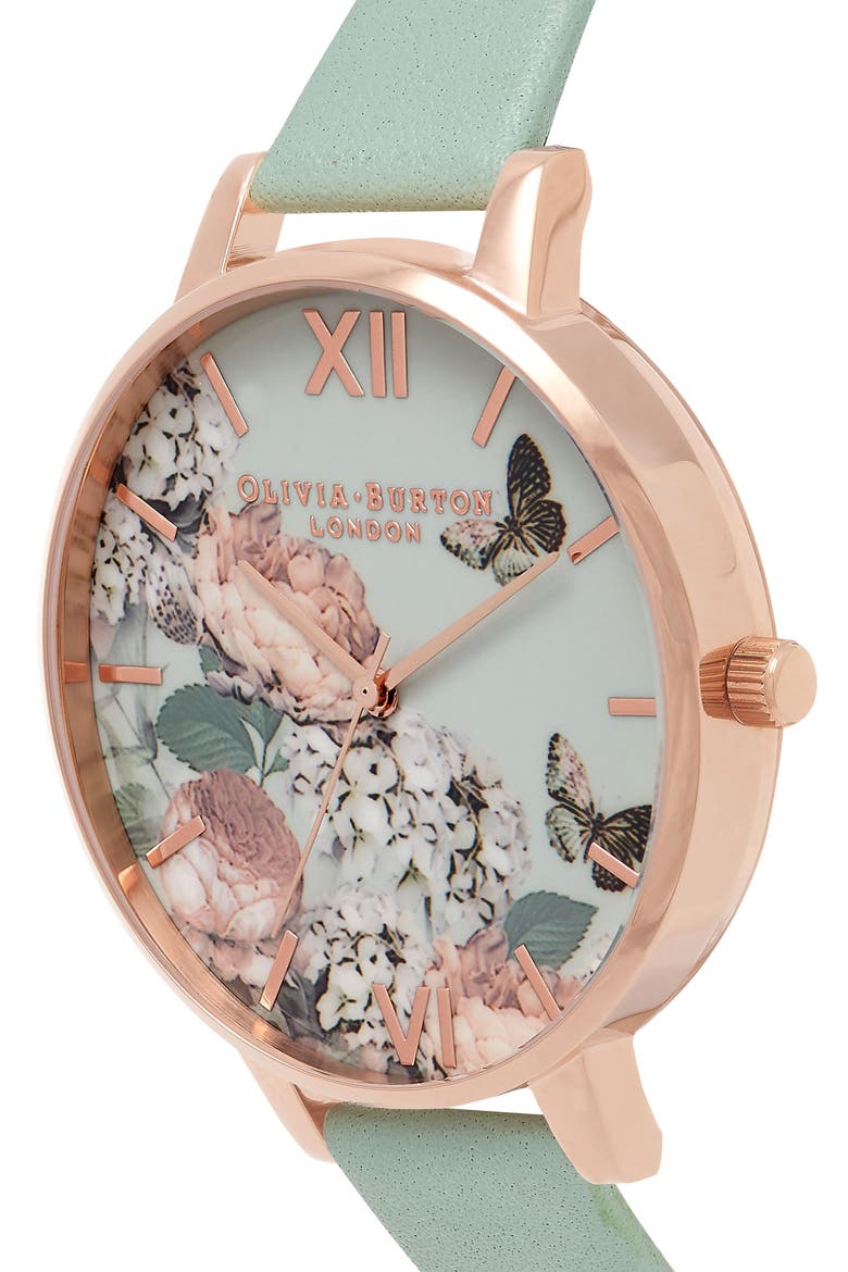 Enchanted Garden Leather Strap Watch, 38mm, Alternate, color, MINT/ FLORAL/ ROSE GOLD