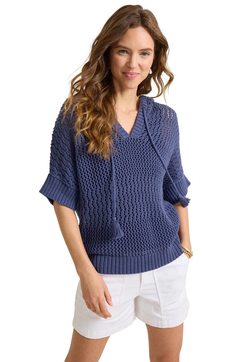 Zoe Open Stitch Cotton Hoodie, Alternate, color, DARK BLUESTONE