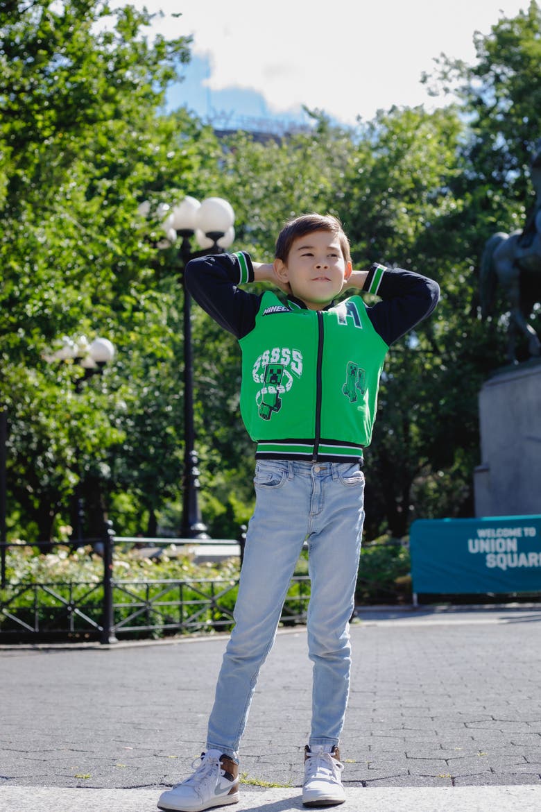 Creeper Varsity Bomber Jacket (little Kid & Big Kid), Alternate, color, Creeper Green Black